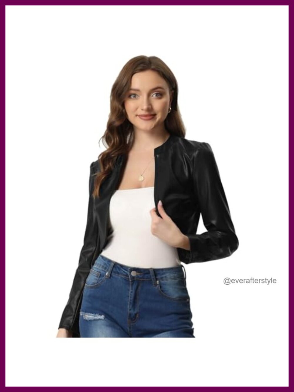 Faux Leather Open Front Long Sleeve Cropped Moto Biker Jacket